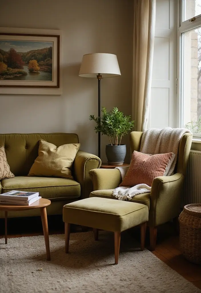 28 Olive Green Couch Living Room Ideas That Feel Natural and Modern - 6. Cozy Corner with a Reading Nook