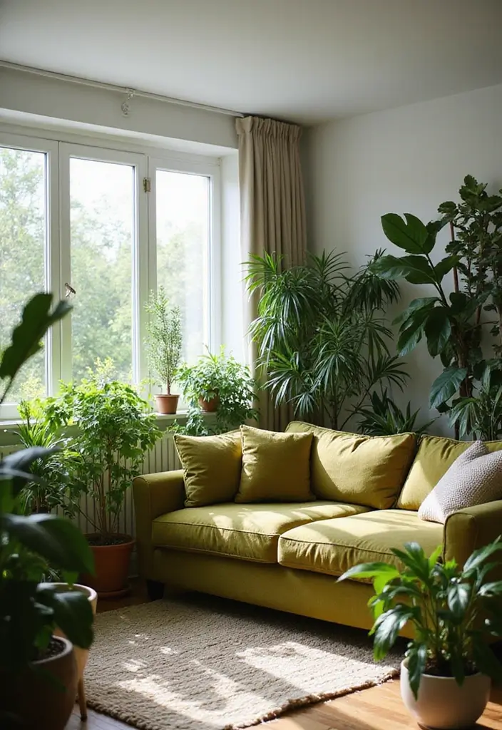 28 Olive Green Couch Living Room Ideas That Feel Natural and Modern - 7. Indoor Plants Galore