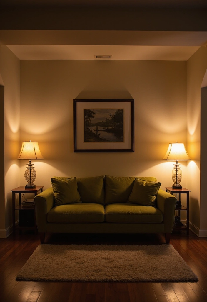 28 Olive Green Couch Living Room Ideas That Feel Natural and Modern - 8. Layered Lighting Options