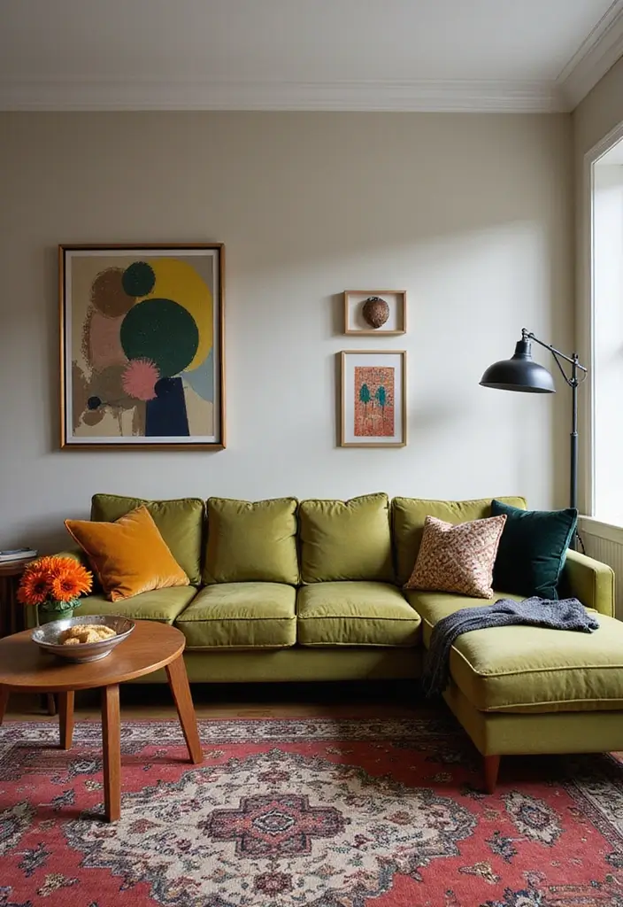 28 Olive Green Couch Living Room Ideas That Feel Natural and Modern - 9. Bold Accent Colors