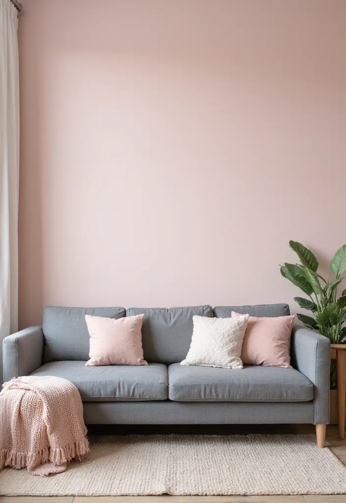28 Pink and Grey Living Room Ideas That Feel Balanced and Stylish - 1. Soft Blush Accent Wall