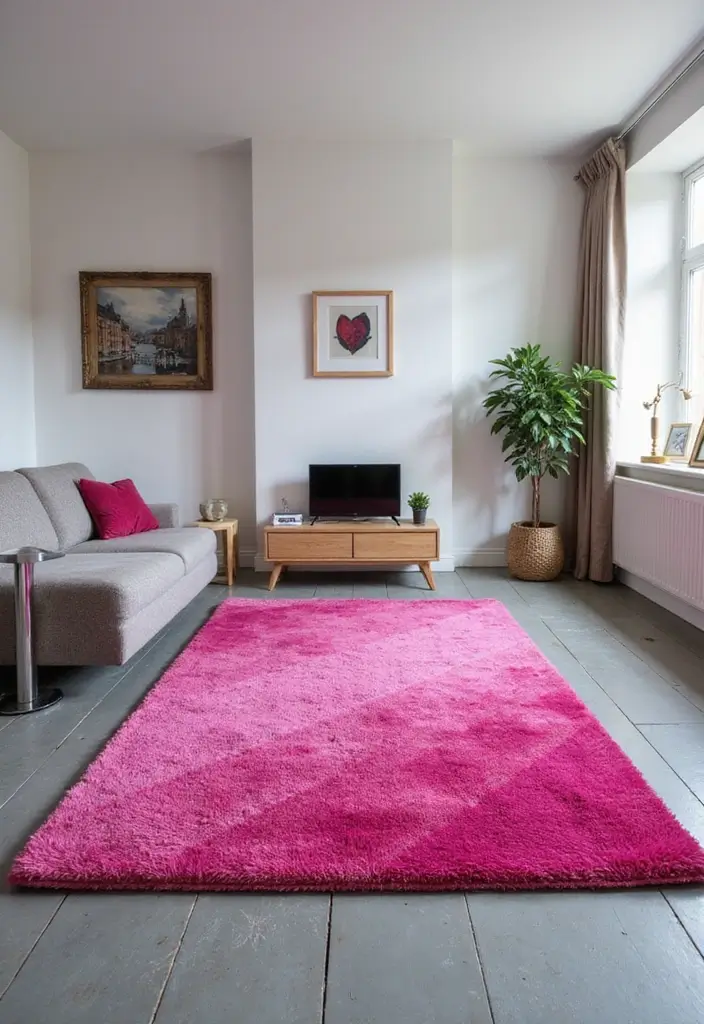28 Pink and Grey Living Room Ideas That Feel Balanced and Stylish - 10. Statement Pink Rugs