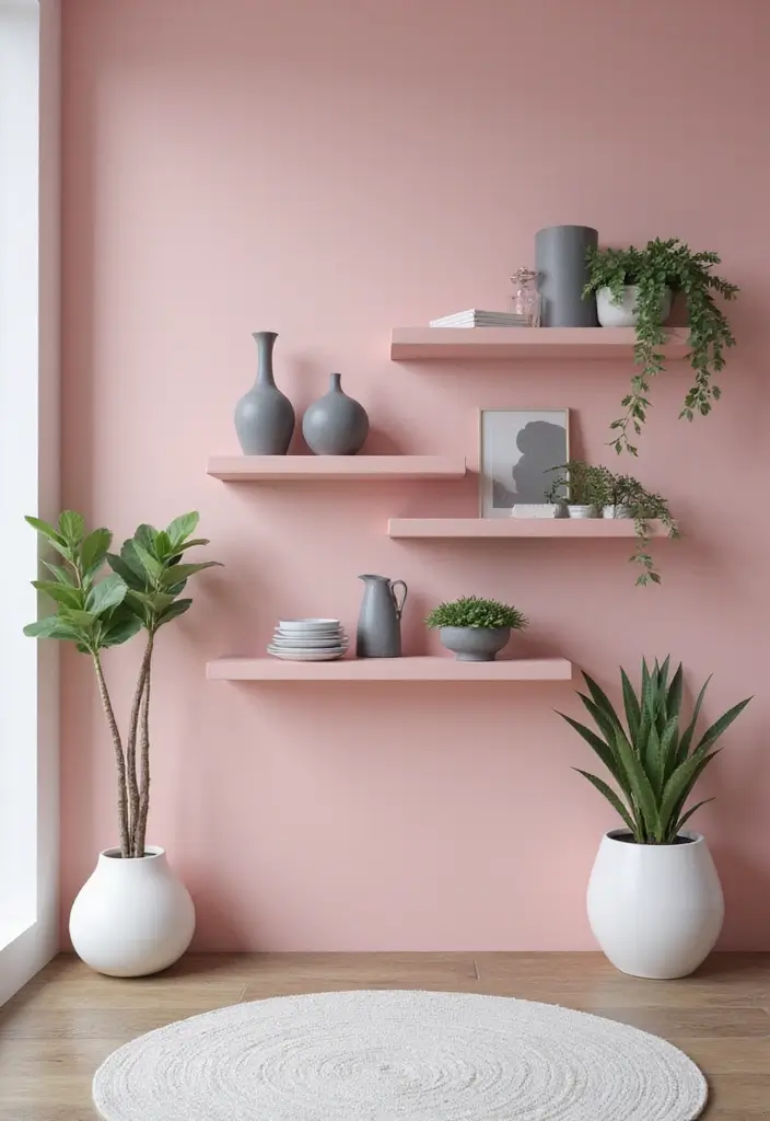 28 Pink and Grey Living Room Ideas That Feel Balanced and Stylish - 11. Floating Shelves with Pink Accents