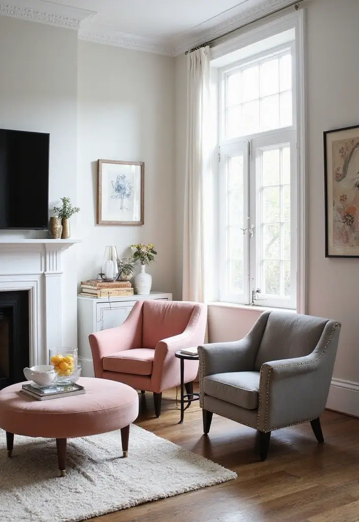 28 Pink and Grey Living Room Ideas That Feel Balanced and Stylish - 12. Pink and Grey Accent Chairs