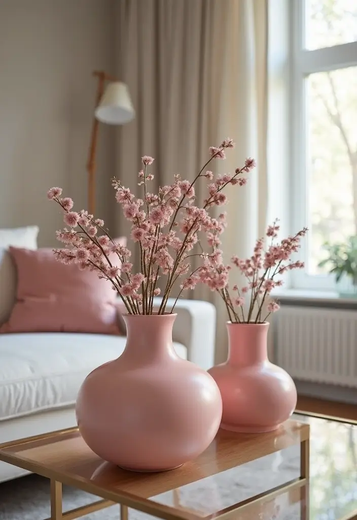 28 Pink and Grey Living Room Ideas That Feel Balanced and Stylish - 13. Pink Decorative Vases
