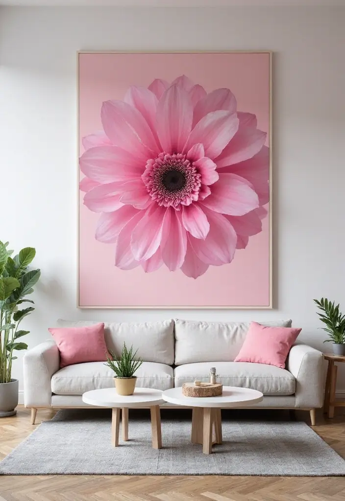 28 Pink and Grey Living Room Ideas That Feel Balanced and Stylish - 14. Stylish Pink Wall Art