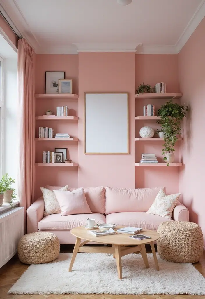 28 Pink and Grey Living Room Ideas That Feel Balanced and Stylish - 17. Pink Wall-mounted Shelves