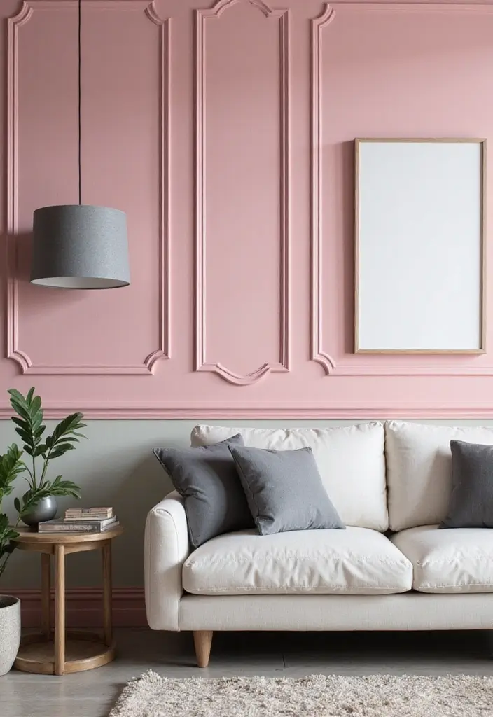 28 Pink and Grey Living Room Ideas That Feel Balanced and Stylish - 18. Pink Wallpaper with Grey Accents