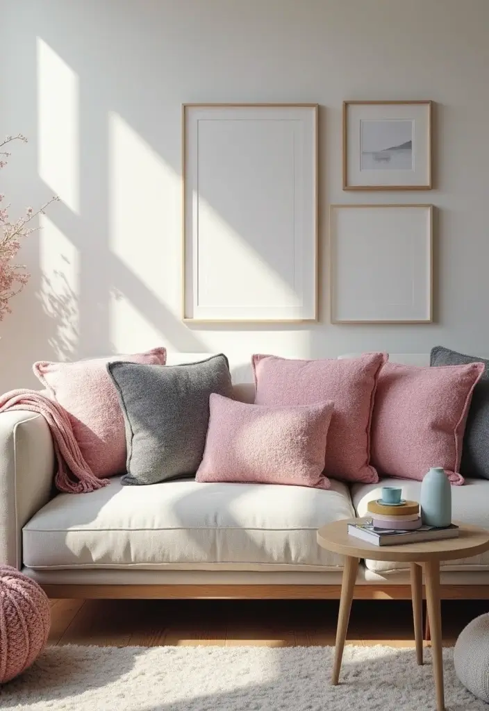 28 Pink and Grey Living Room Ideas That Feel Balanced and Stylish - 19. Pink and Grey Throw Pillows
