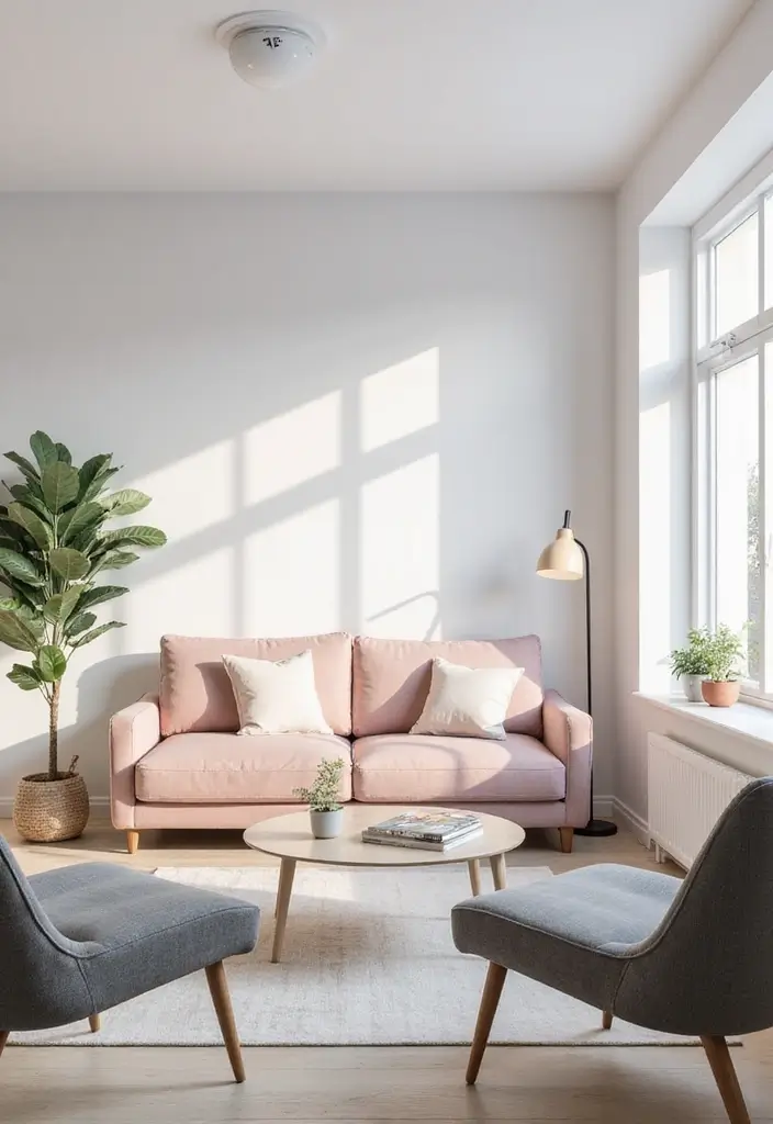 28 Pink and Grey Living Room Ideas That Feel Balanced and Stylish - 2. Minimalist Pink Sofa