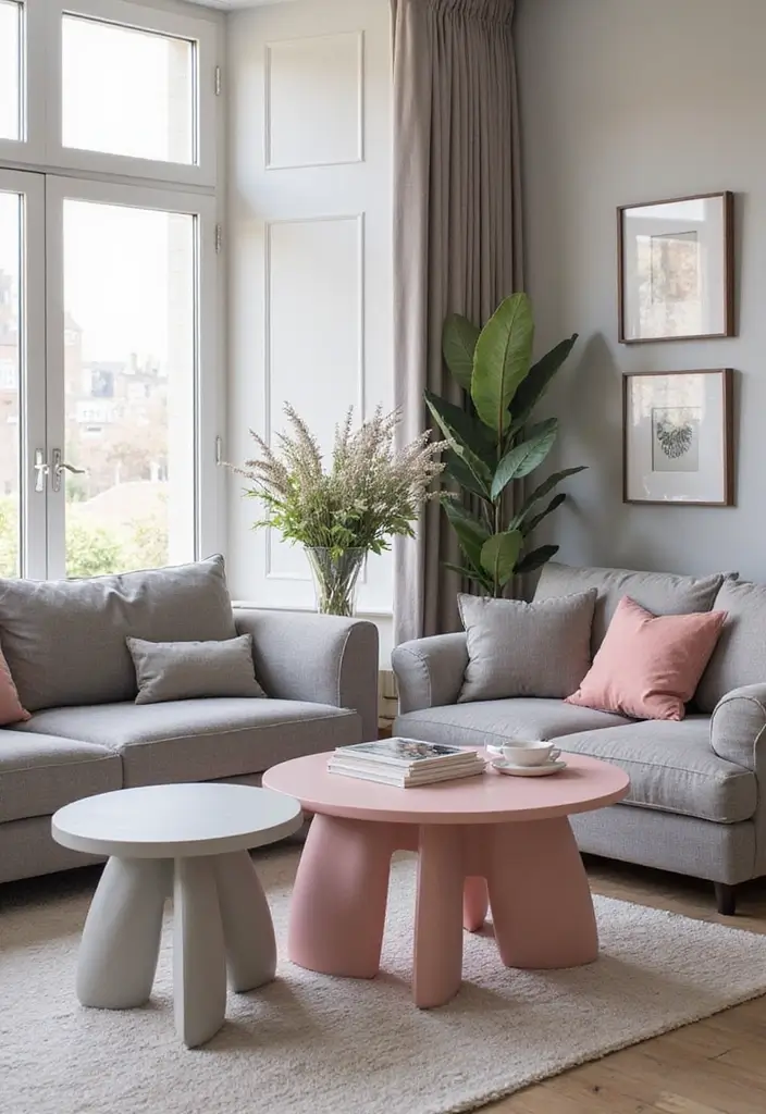 28 Pink and Grey Living Room Ideas That Feel Balanced and Stylish - 20. Accent Tables in Pink and Grey