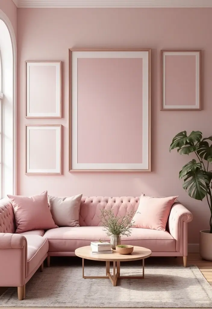 28 Pink and Grey Living Room Ideas That Feel Balanced and Stylish - 22. Pink Artwork Frames