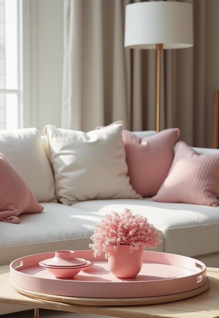 28 Pink and Grey Living Room Ideas That Feel Balanced and Stylish - 23. Pink Decorative Trays