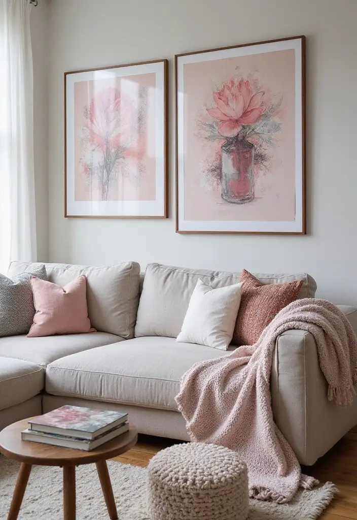 28 Pink and Grey Living Room Ideas That Feel Balanced and Stylish - 26. Pink and Grey Mixed Media Art