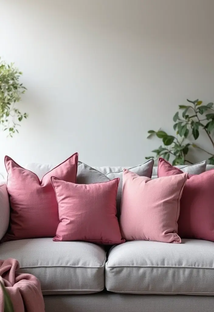 28 Pink and Grey Living Room Ideas That Feel Balanced and Stylish - 27. Modern Pink Accent Pillows