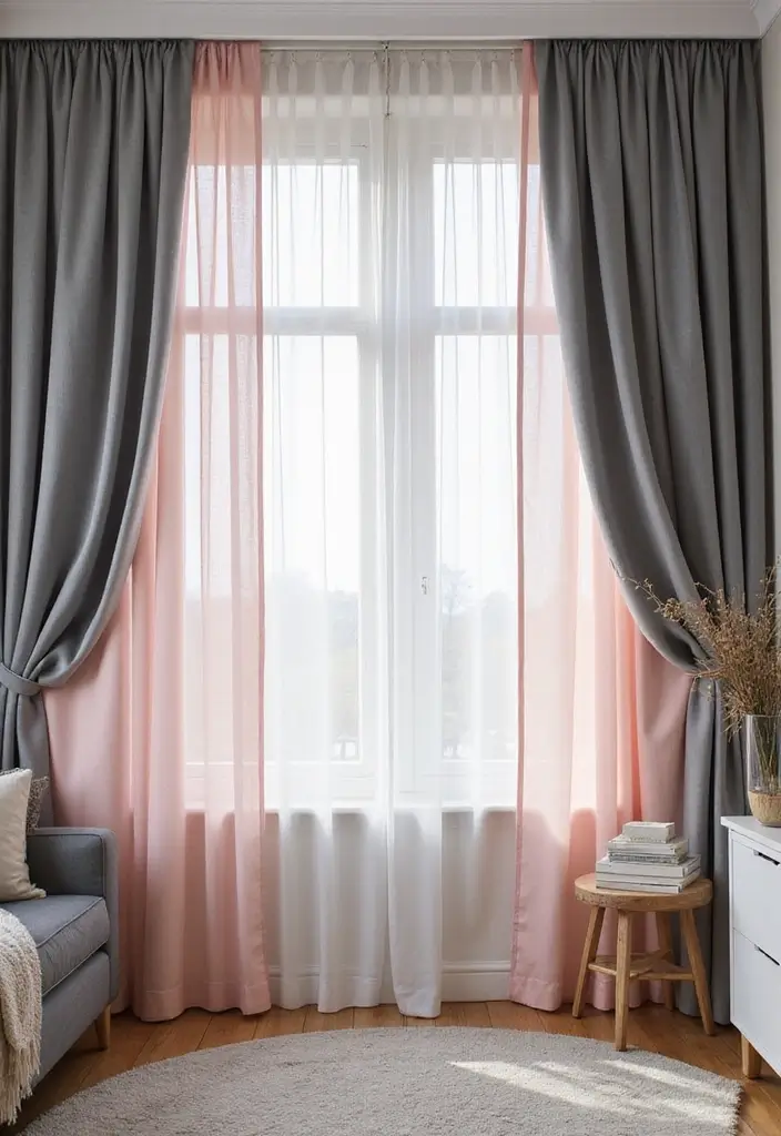 28 Pink and Grey Living Room Ideas That Feel Balanced and Stylish - 5. Elegant Grey Drapes with Pink Sheers