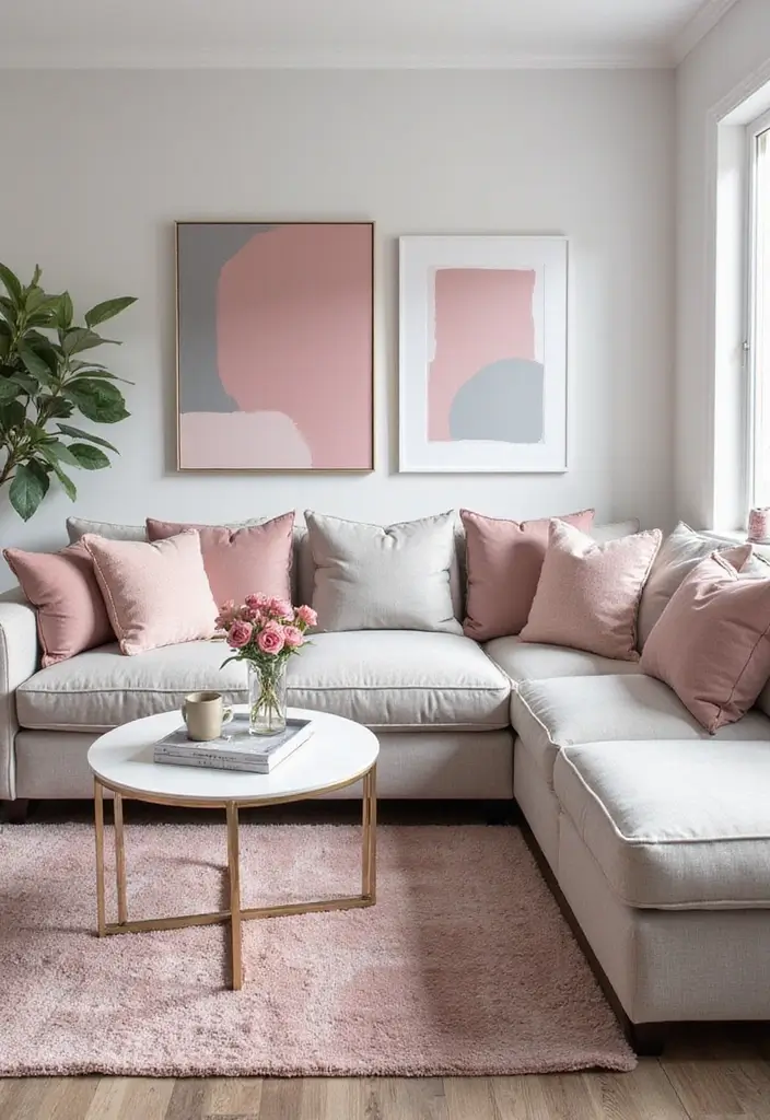 28 Pink and Grey Living Room Ideas That Feel Balanced and Stylish - 6. Modern Art with Pink and Grey