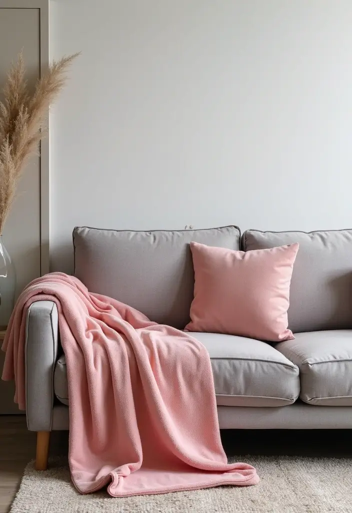28 Pink and Grey Living Room Ideas That Feel Balanced and Stylish - 7. Pink Throw Blankets for Texture