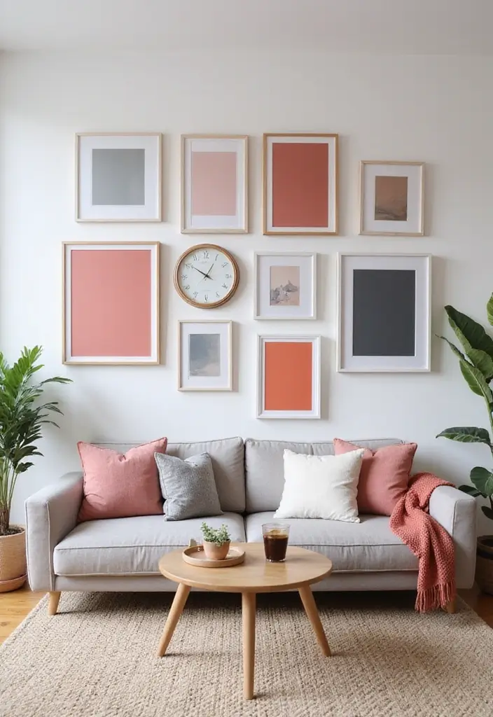 28 Pink and Grey Living Room Ideas That Feel Balanced and Stylish - 8. Pink and Grey Gallery Wall