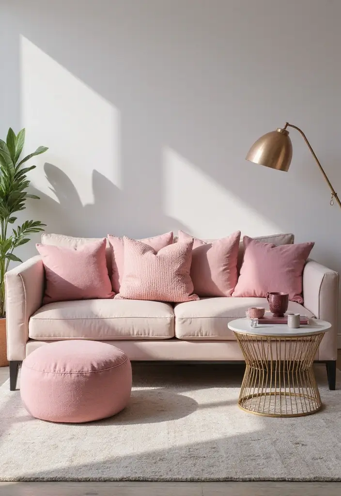 28 Pink and Grey Living Room Ideas That Feel Balanced and Stylish - 9. Chic Pink Cushions