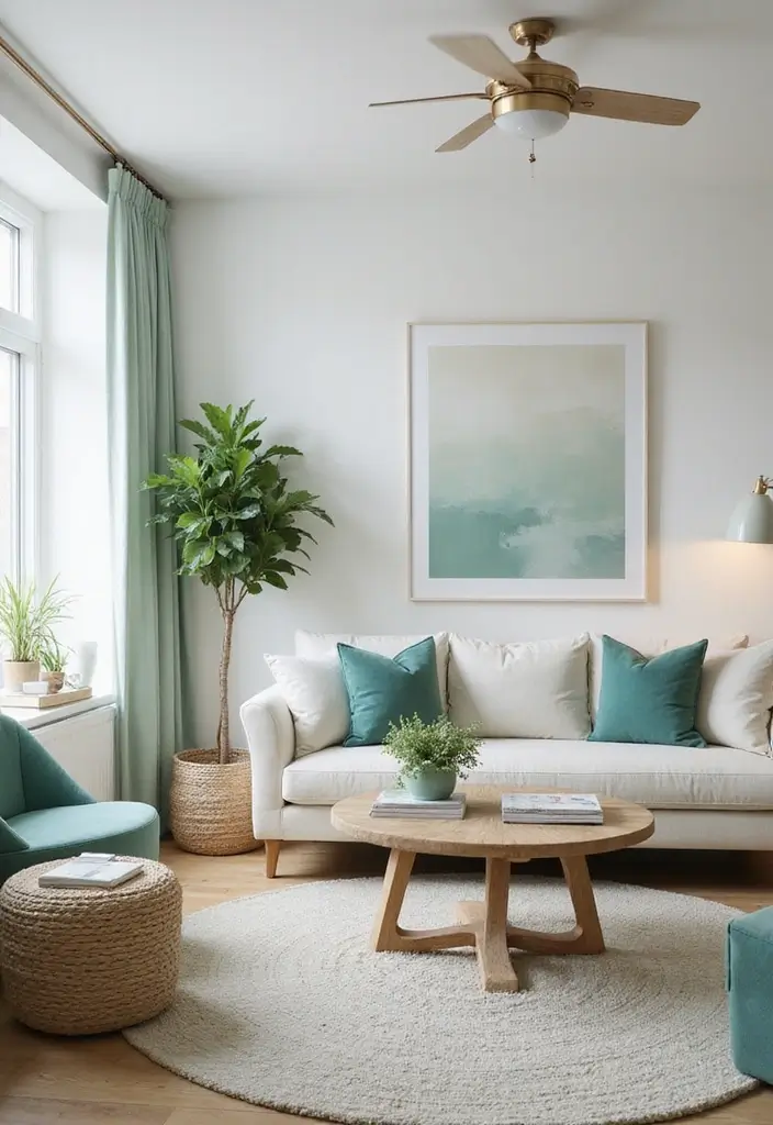 28 Seafoam Green Living Room Ideas That Feel Coastal and Peaceful - 10. Neutral Furniture Pairings