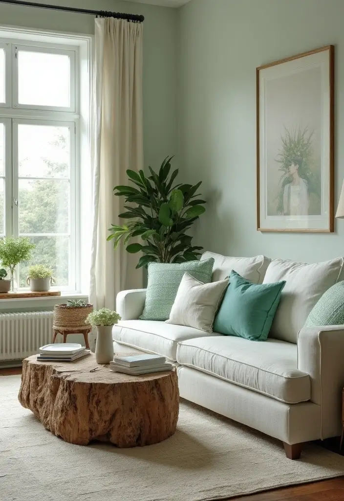 28 Seafoam Green Living Room Ideas That Feel Coastal and Peaceful - 11. Driftwood Decor