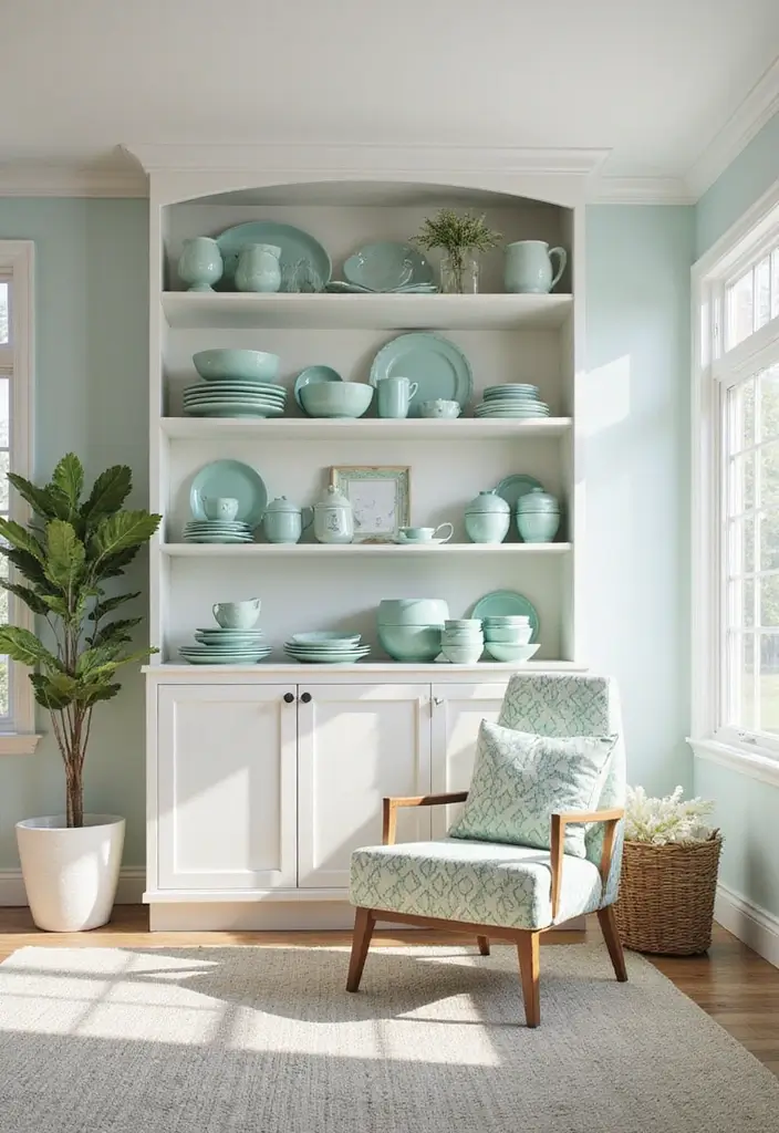 28 Seafoam Green Living Room Ideas That Feel Coastal and Peaceful - 12. Open Shelving