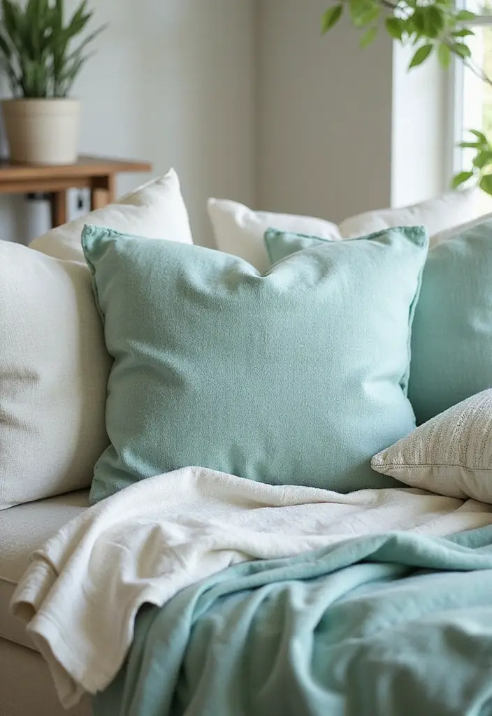 28 Seafoam Green Living Room Ideas That Feel Coastal and Peaceful - 13. Soft, Inviting Textiles