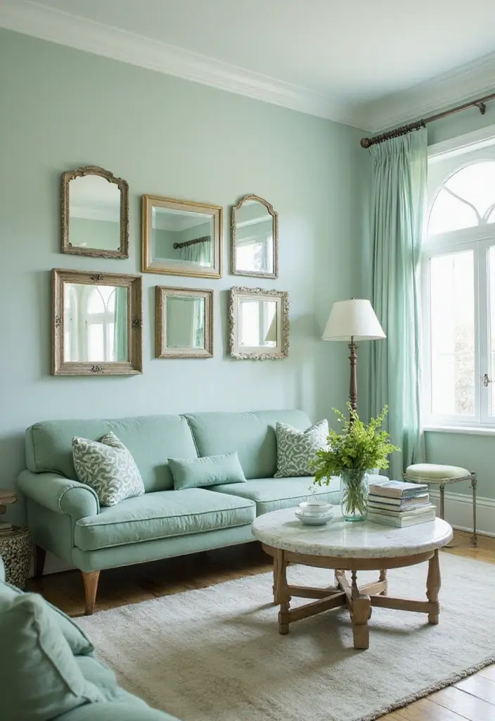28 Seafoam Green Living Room Ideas That Feel Coastal and Peaceful - 14. Wall Mirrors