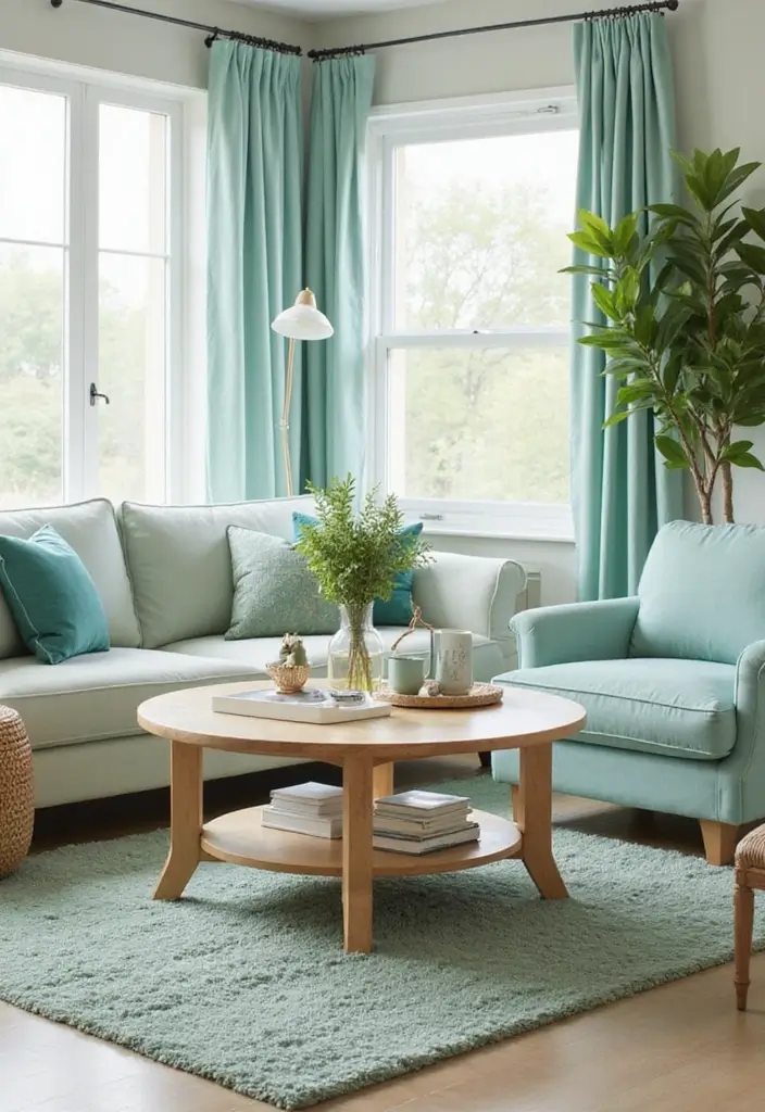 28 Seafoam Green Living Room Ideas That Feel Coastal and Peaceful - 17. Simple Coffee Tables