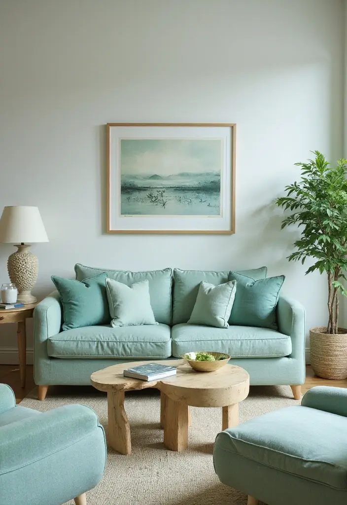 28 Seafoam Green Living Room Ideas That Feel Coastal and Peaceful - 18. Soft-Edged Furniture