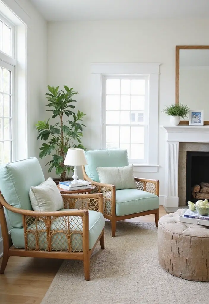 28 Seafoam Green Living Room Ideas That Feel Coastal and Peaceful - 2. Coastal-Inspired Furniture