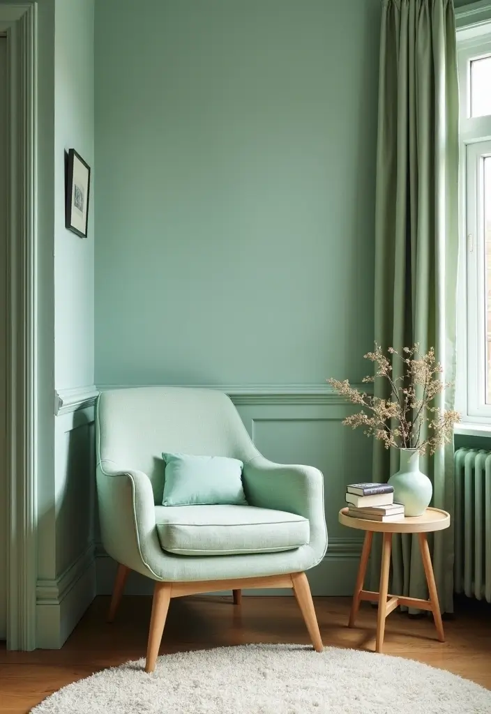 28 Seafoam Green Living Room Ideas That Feel Coastal and Peaceful - 21. Inviting Reading Nook