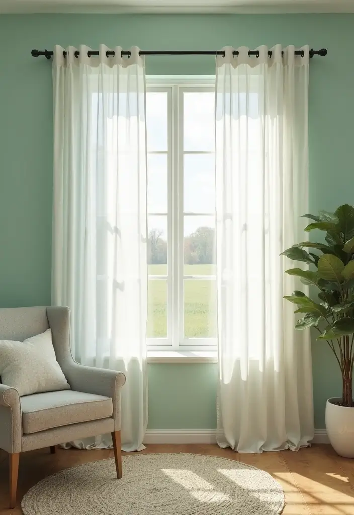 28 Seafoam Green Living Room Ideas That Feel Coastal and Peaceful - 22. Simple Window Treatments