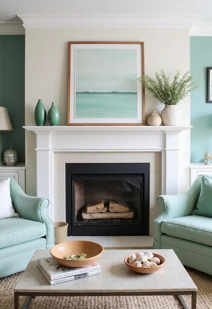 28 Seafoam Green Living Room Ideas That Feel Coastal and Peaceful - 23. Cozy Fireplaces