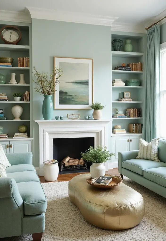 28 Seafoam Green Living Room Ideas That Feel Coastal and Peaceful - 24. Artful Displays