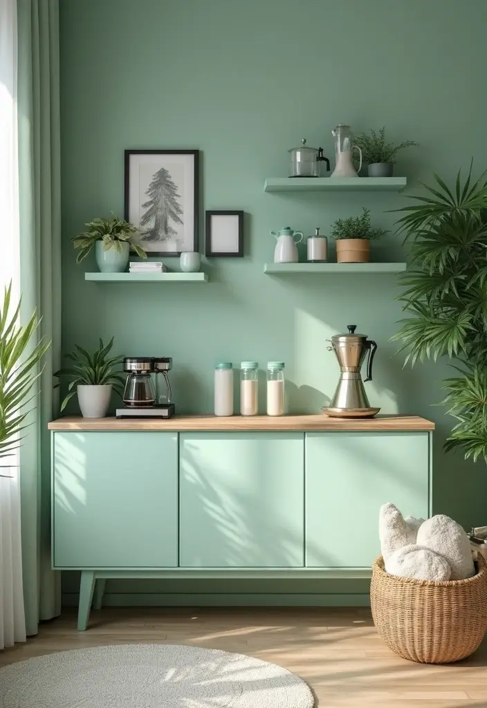 28 Seafoam Green Living Room Ideas That Feel Coastal and Peaceful - 27. Aesthetic Coffee Bar