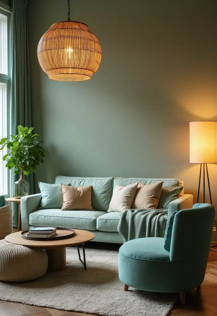 28 Seafoam Green Living Room Ideas That Feel Coastal and Peaceful - 5. Layered Lighting