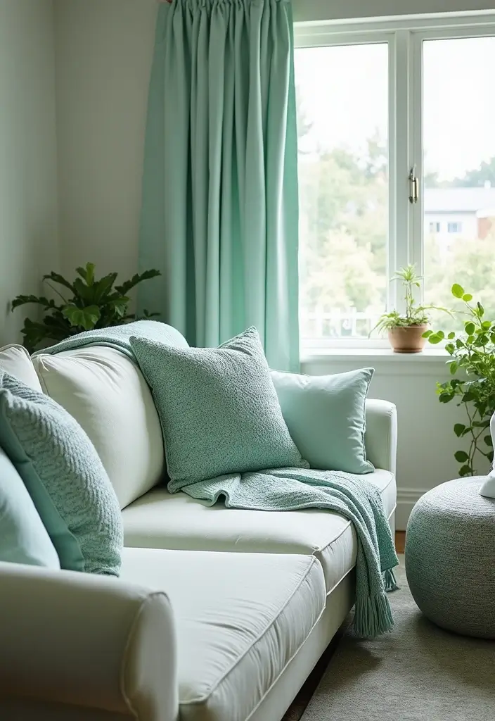 28 Seafoam Green Living Room Ideas That Feel Coastal and Peaceful - 6. Ocean-Inspired Fabrics