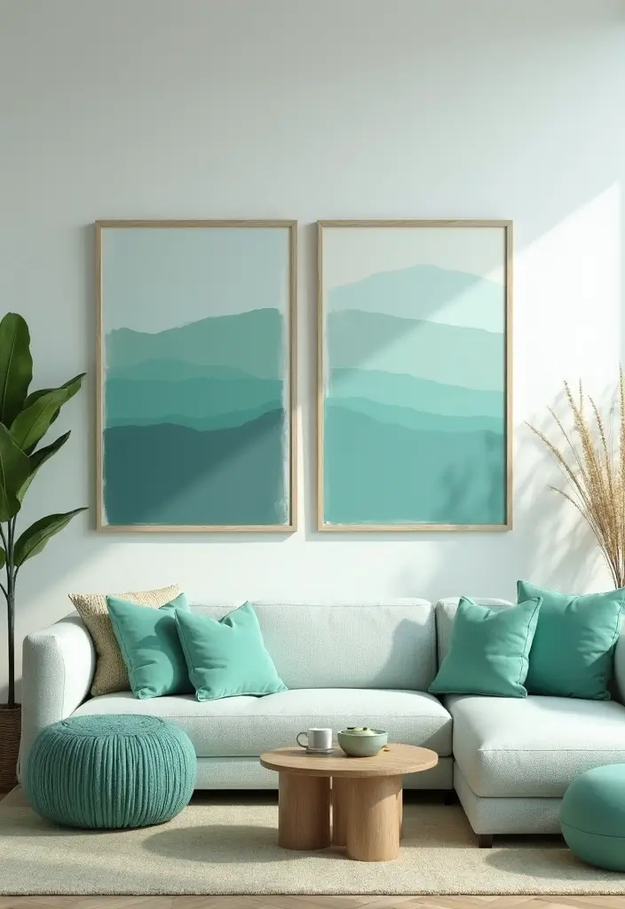 28 Seafoam Green Living Room Ideas That Feel Coastal and Peaceful - 7. Minimalist Art Pieces