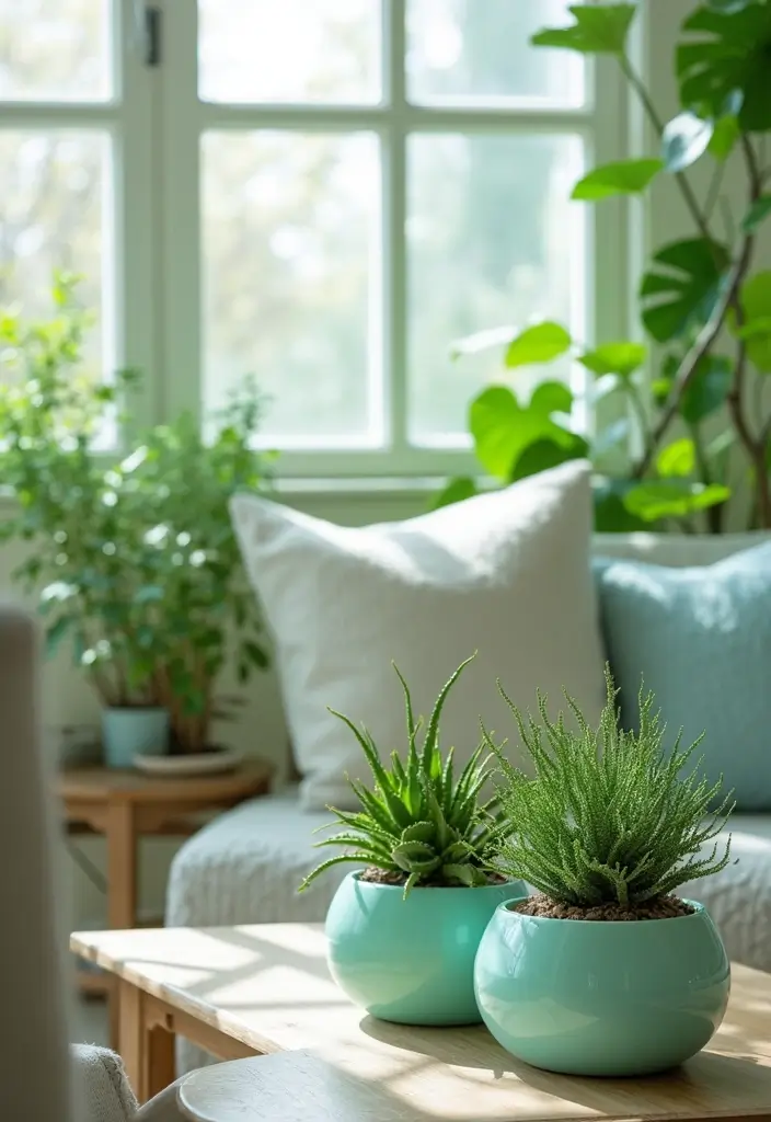 28 Seafoam Green Living Room Ideas That Feel Coastal and Peaceful - 8. Beachy Greenhouse Plants