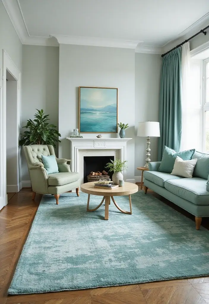 28 Seafoam Green Living Room Ideas That Feel Coastal and Peaceful - 9. Statement Rugs