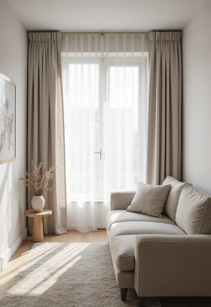 28 Small Aesthetic Living Room Ideas That Feel Cozy and Cute - 15. Minimalist Curtains