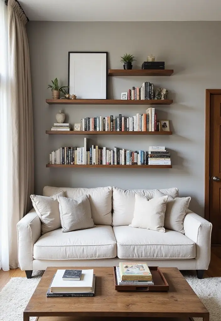 28 Small Aesthetic Living Room Ideas That Feel Cozy and Cute - 16. Creative Book Storage