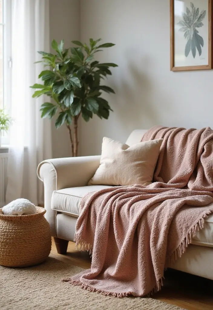 28 Small Aesthetic Living Room Ideas That Feel Cozy and Cute - 17. Warm Throws and Blankets