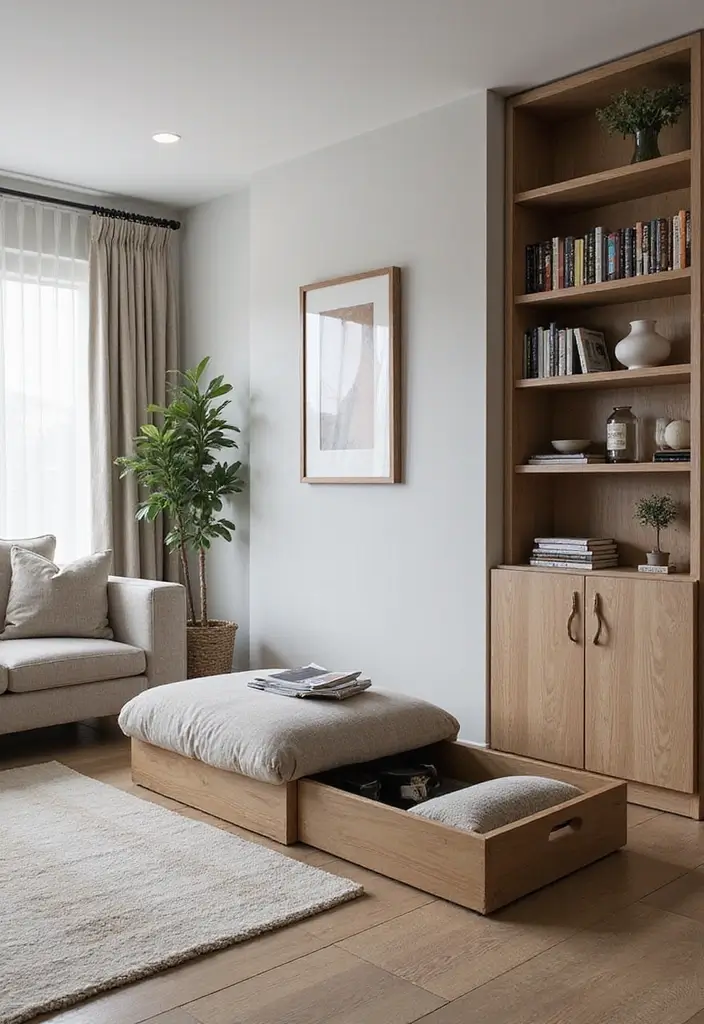 28 Small Aesthetic Living Room Ideas That Feel Cozy and Cute - 20. Smart Storage Solutions