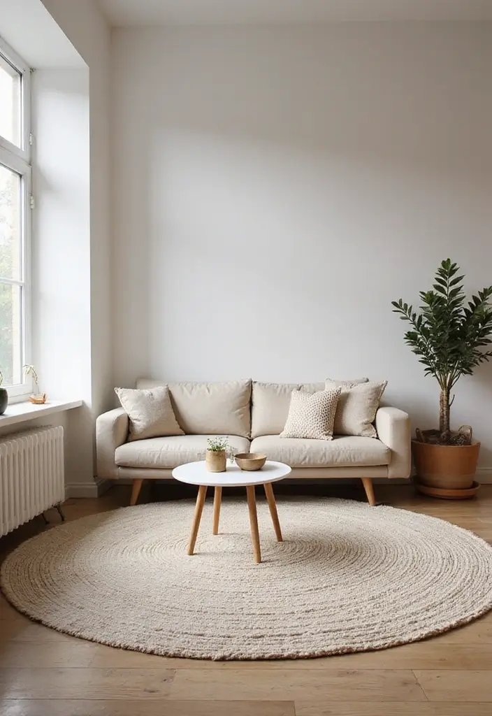 28 Small Aesthetic Living Room Ideas That Feel Cozy and Cute - 22. Minimalist Area Rugs