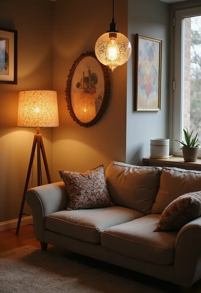 28 Small Aesthetic Living Room Ideas That Feel Cozy and Cute - 24. Unique Lighting Fixtures