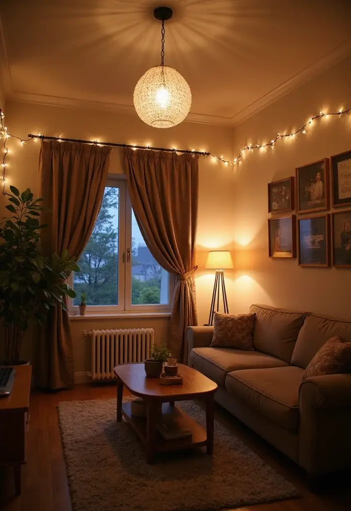 28 Small Aesthetic Living Room Ideas That Feel Cozy and Cute - 7. Layered Lighting