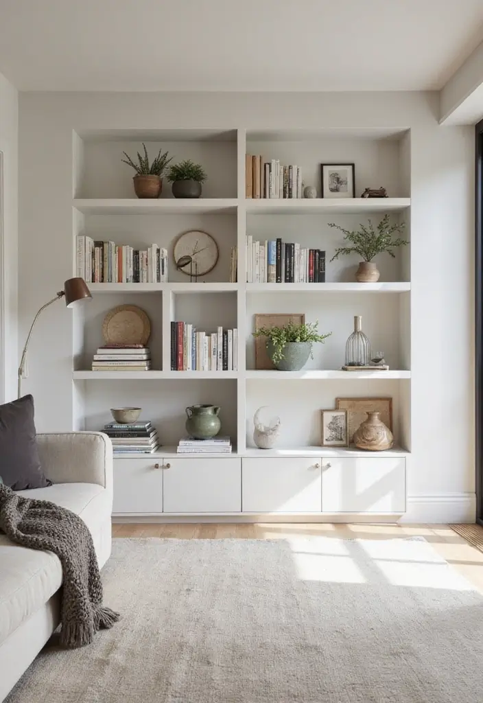 28 Small Aesthetic Living Room Ideas That Feel Cozy and Cute - 8. Minimalist Shelving